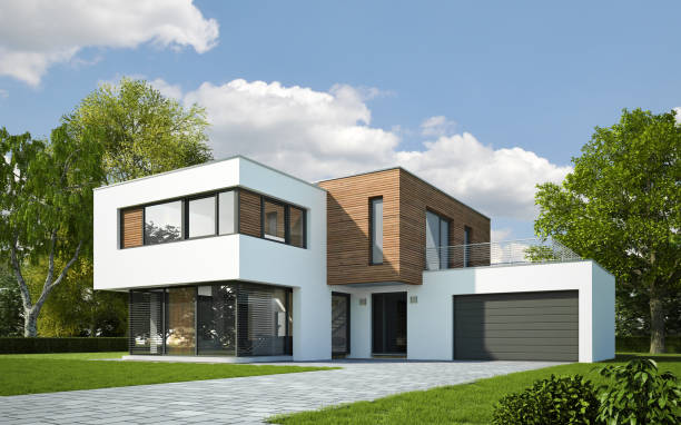 3d rendering of a modern cubic villa with wooden facade elements